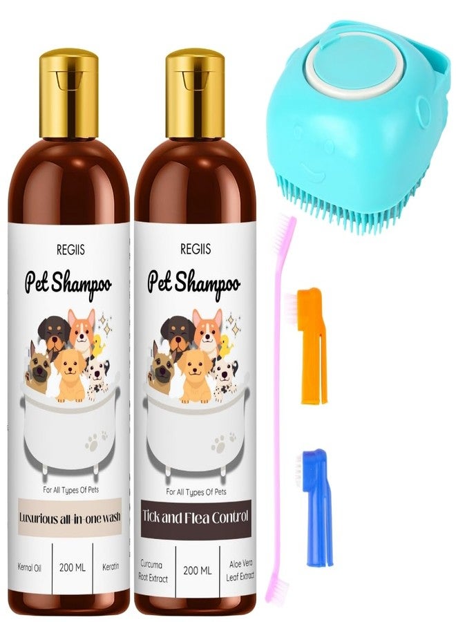 مجموعة شامبو ريجيس للحيوانات الأليفة مع مكافحة القراد، غسول شامل، زجاجات سعة 200 مل، تتضمن فرشاة استحمام للحيوانات الأليفة، للكلاب والقطط (عبوة من 4 قطع) - Image 1